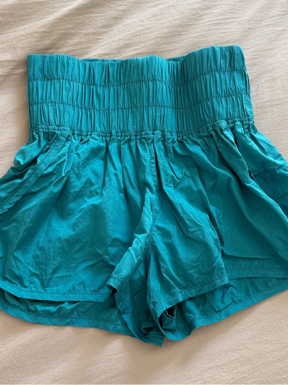 FP Movement by Free People Teal Smocked High-Waist Athletic Shorts